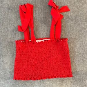 Red ribbon gathered crop top